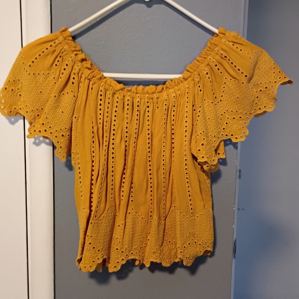Yellow Eyelet Off-Shoulder Top